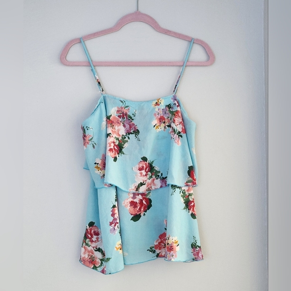 Peach Love California Tops - Peach Love California Blue Floral Frill Tank Top Spaghetti Straps Medium NWOT